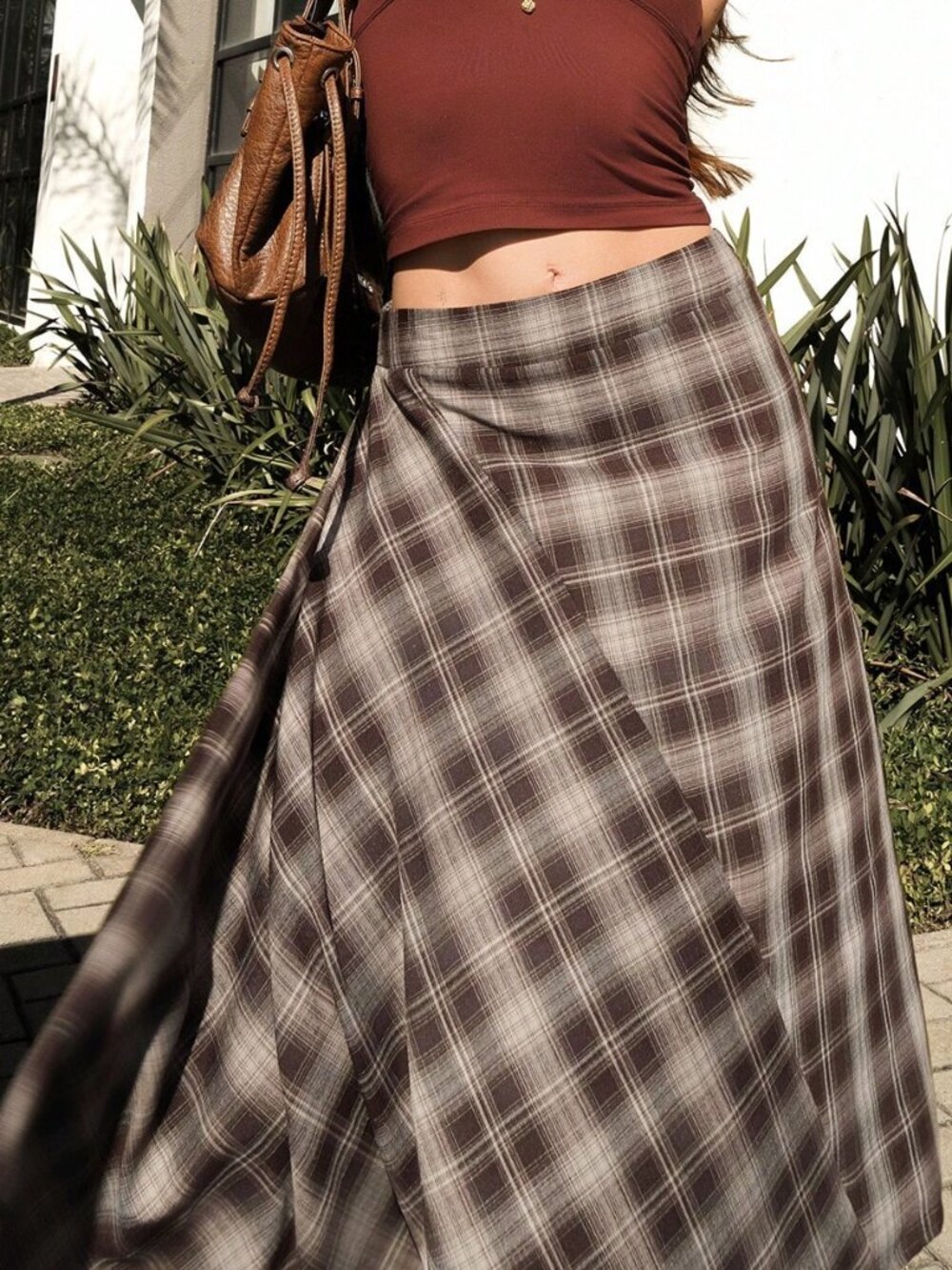 Coffee Brown Casual Women's Pleated Asymmetrical Midi Plaid Skirt - Picture 3 of 5